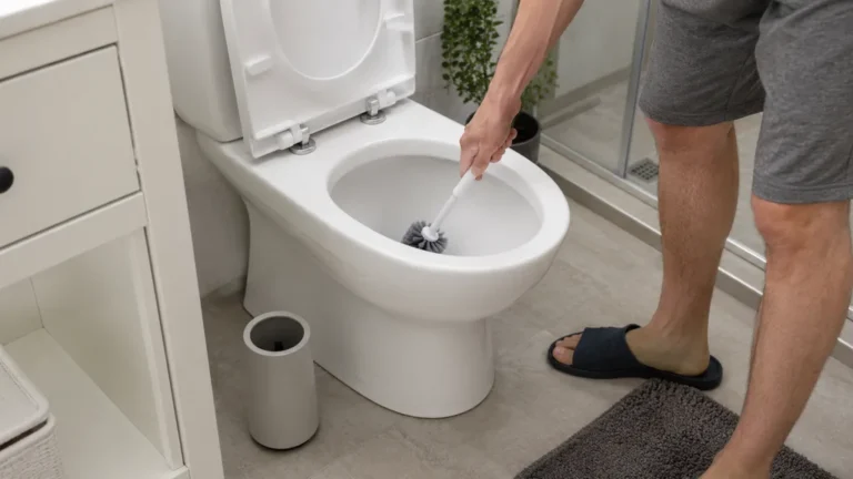 Personne utilisant une brosse pour WC dans des toilettes modernes et propres pour entretenir la cuvette au quotidien.