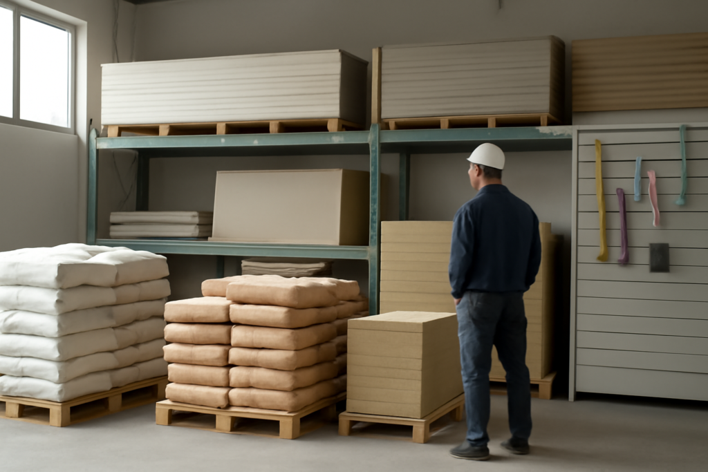 Espace de distribution BTP avec matériaux de chantier et outils dans un dépôt professionnel