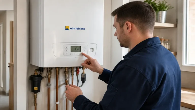 Technicien contrôlant une chaudière Elm Leblanc murale dans un logement moderne pour vérifier le chauffage et l’eau chaude sanitaire.