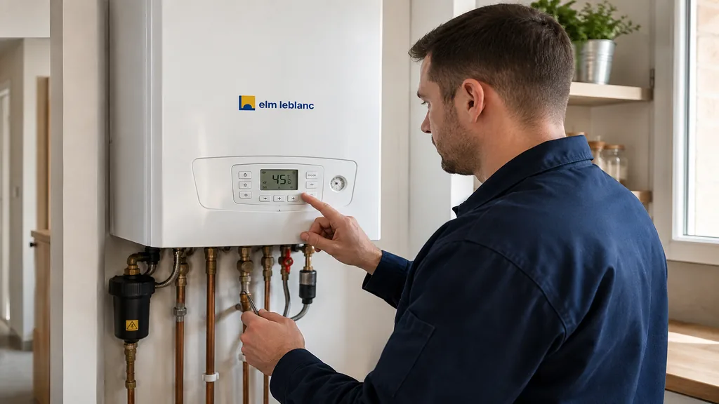 Technicien contrôlant une chaudière Elm Leblanc murale dans un logement moderne pour vérifier le chauffage et l’eau chaude sanitaire.