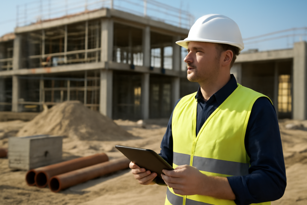Chef de chantier sur un chantier de construction avec casque et gilet de sécurité