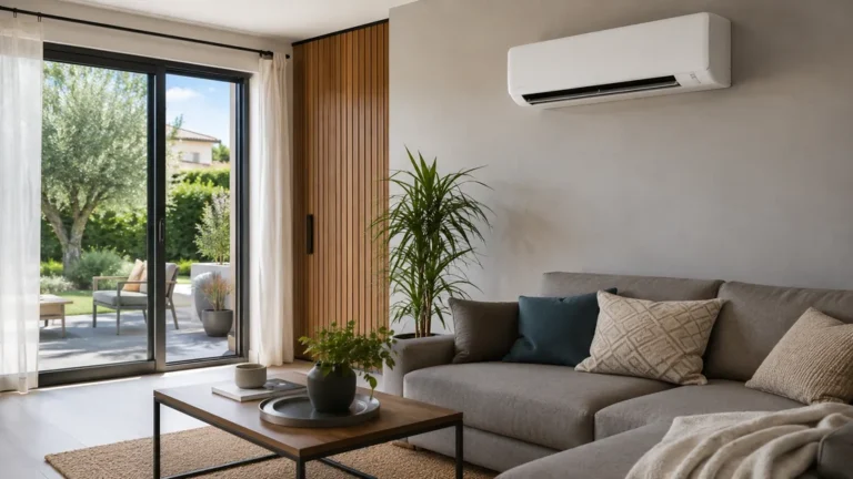 Climatisation murale installée dans un salon moderne lumineux avec grande baie vitrée et terrasse extérieure.