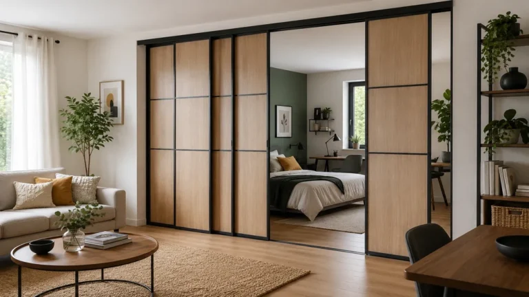Cloison mobile coulissante en bois séparant un salon d’un espace chambre bureau dans un intérieur moderne.