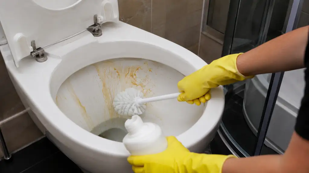Nettoyage d’une cuvette de toilettes entartrée avec une brosse WC et un produit détartrant.