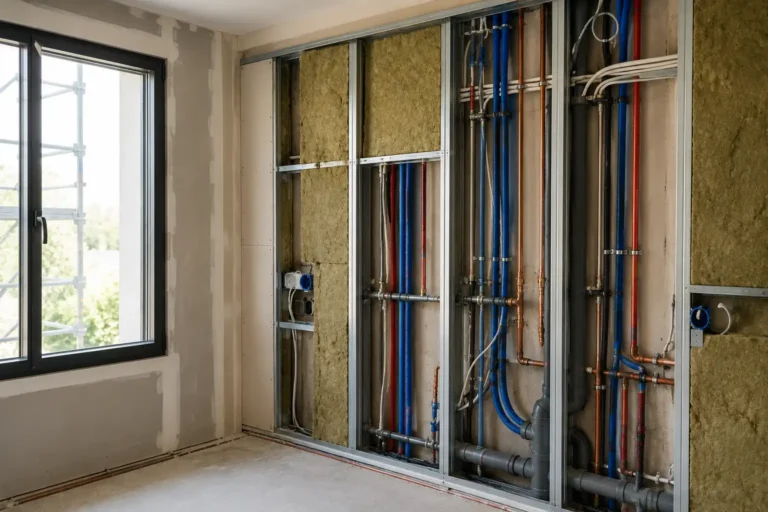 Réseaux de plomberie, chauffage et électricité installés derrière une façade intérieure en cours de rénovation.