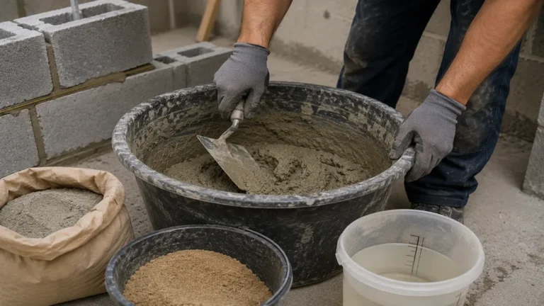 Ouvrier préparant un mortier dans une auge avec du sable, du ciment et de l’eau sur un chantier de maçonnerie.