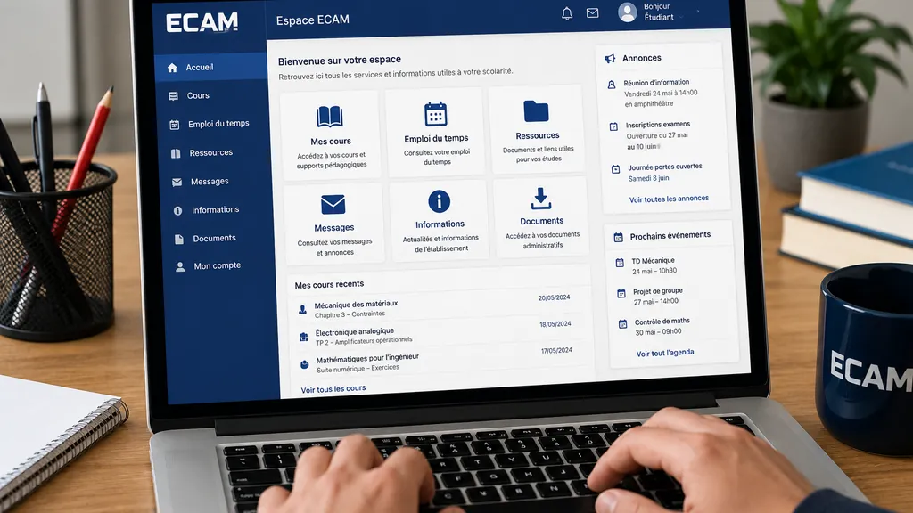 Étudiant consultant son espace numérique ECAM sur un ordinateur portable pour accéder aux cours et à son emploi du temps.