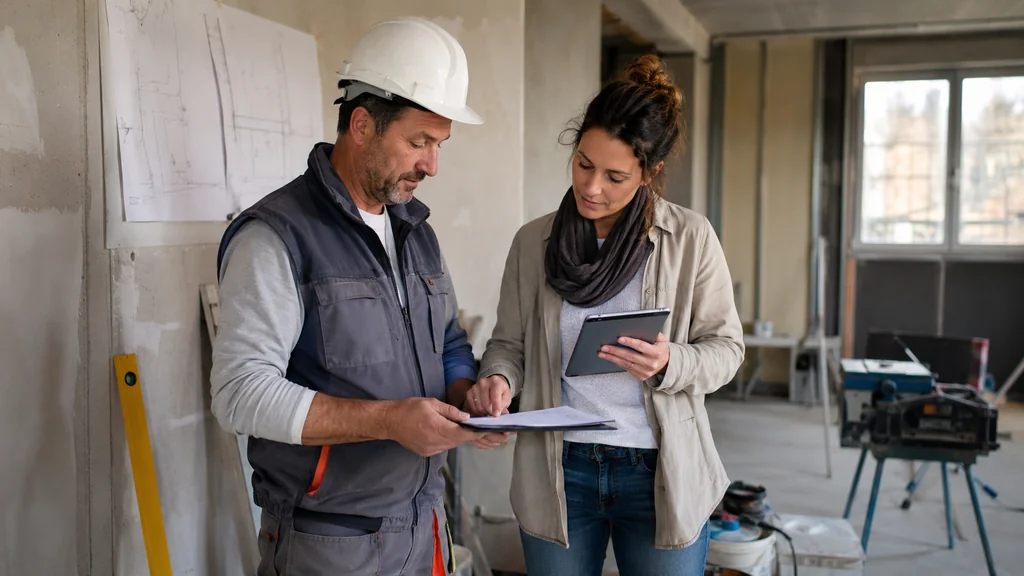 Artisan du BTP et cliente vérifiant des documents administratifs sur un chantier en rénovation.