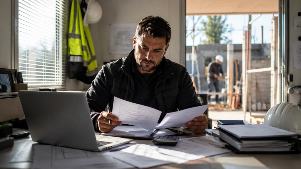 Artisan du BTP consultant des documents administratifs et des plans de chantier dans un bureau de travaux.