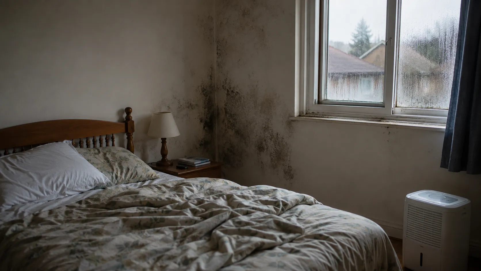 Chambre avec traces d’humidité et moisissures sur un mur près d’une fenêtre, illustrant un problème d’air trop humide.