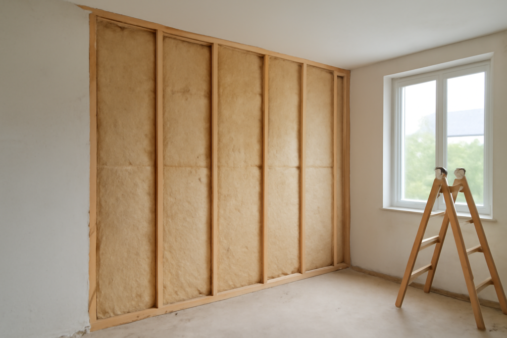 Mur intérieur en cours d’isolation avec des panneaux d’isolant posés dans une pièce de maison