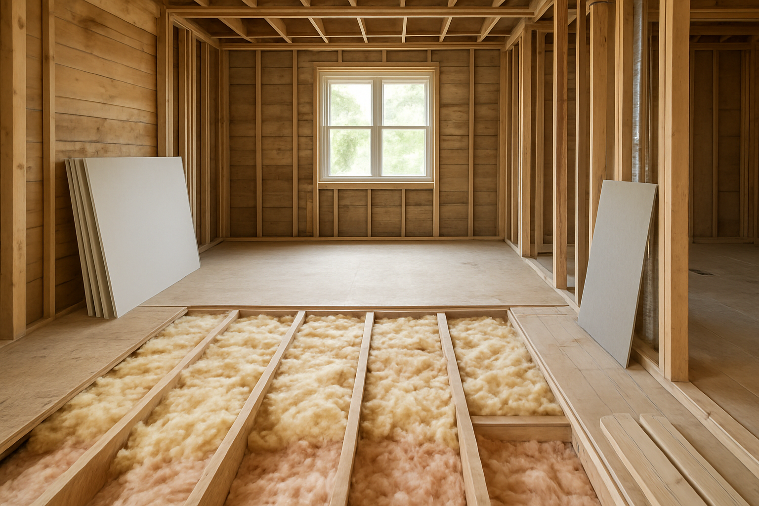 Sol de maison en rénovation avec isolation thermique visible sous le plancher