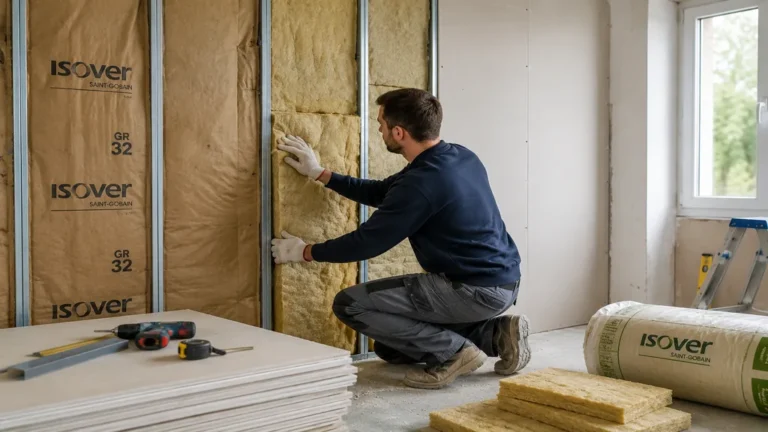 Artisan posant des panneaux isolants sur un mur intérieur lors de travaux de rénovation énergétique dans une maison.