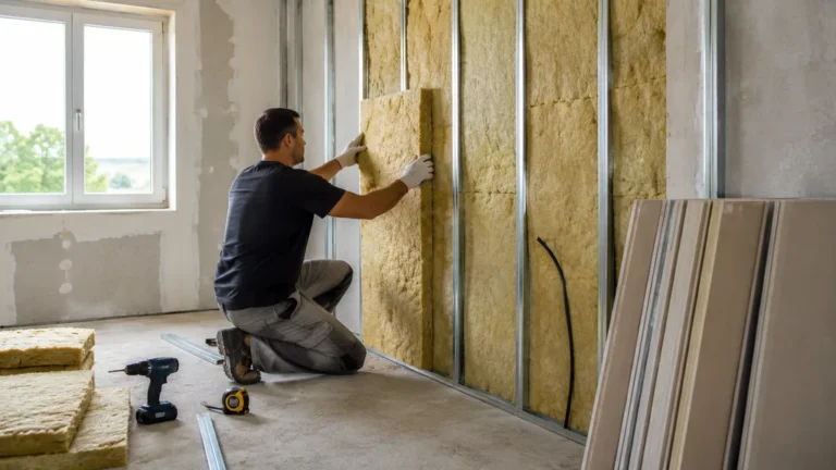 Artisan en train de poser une isolation intérieure sur un mur avec des panneaux isolants dans une pièce en rénovation.