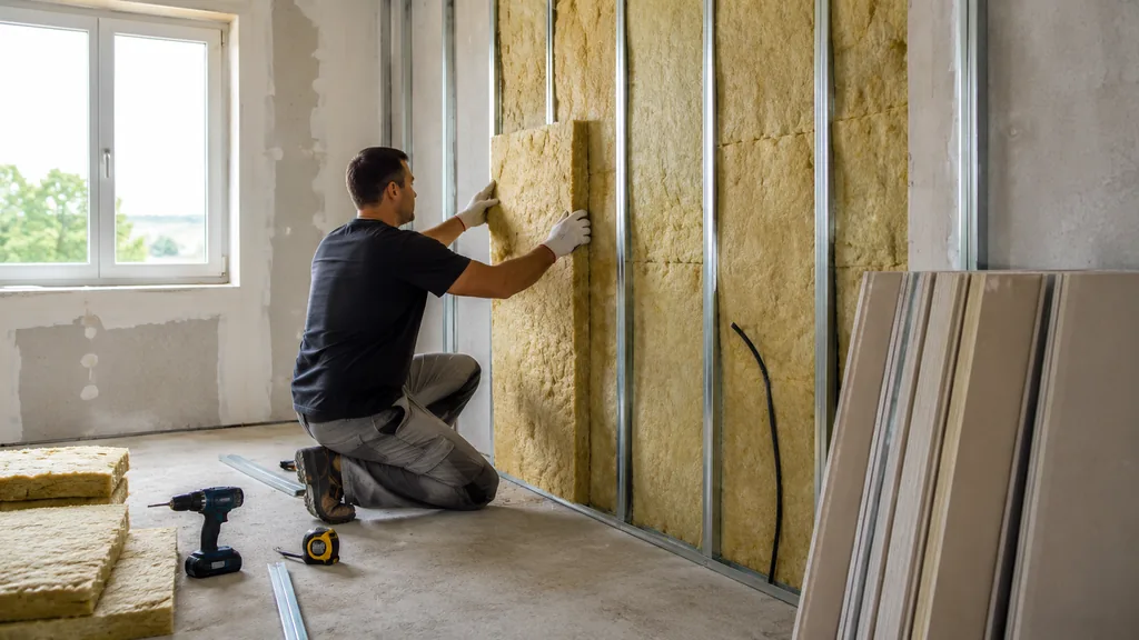 Artisan en train de poser une isolation intérieure sur un mur avec des panneaux isolants dans une pièce en rénovation.