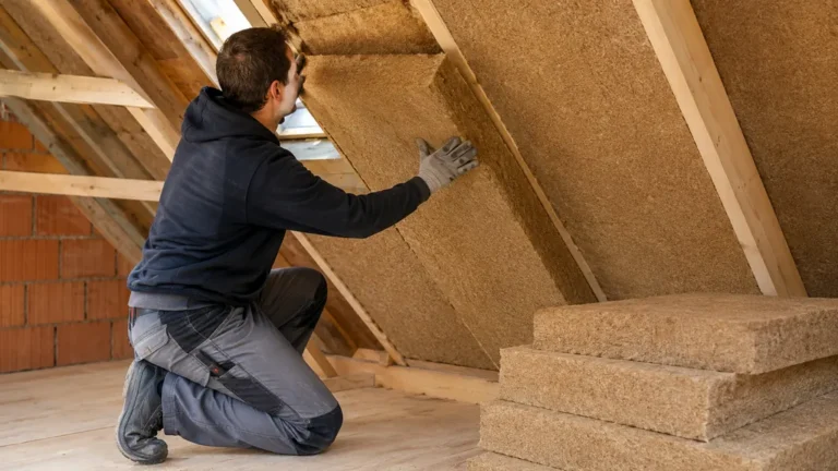 Pose de panneaux de laine de bois sous toiture pour améliorer l’isolation thermique des combles.