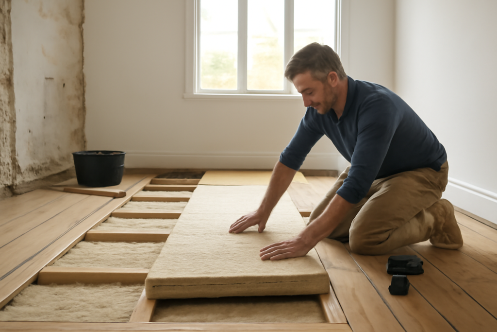 Travaux d’isolation par le sol dans une maison en rénovation avec pose de panneaux isolants sous le plancher
