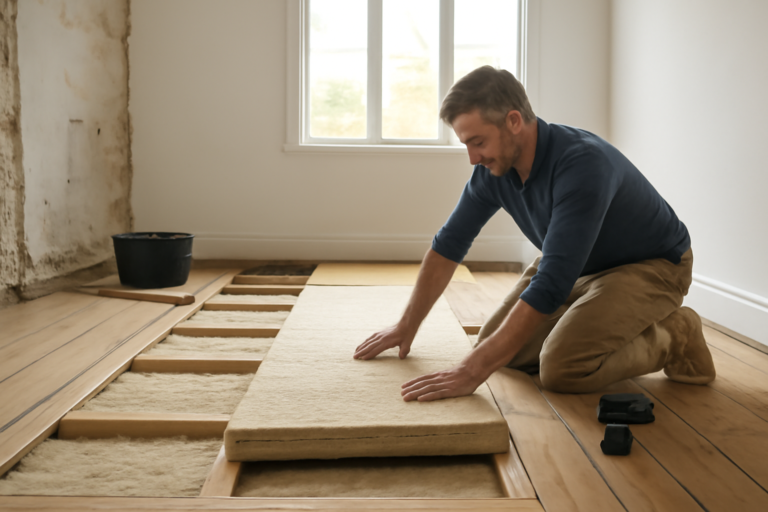 Travaux d’isolation par le sol dans une maison en rénovation avec pose de panneaux isolants sous le plancher