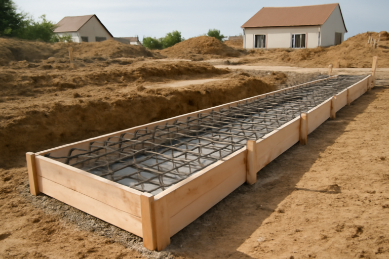 Longrine béton en cours de pose sur un chantier de maison avec coffrage et armatures visibles