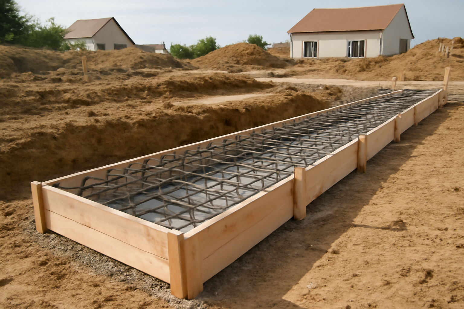 Longrine béton en cours de pose sur un chantier de maison avec coffrage et armatures visibles