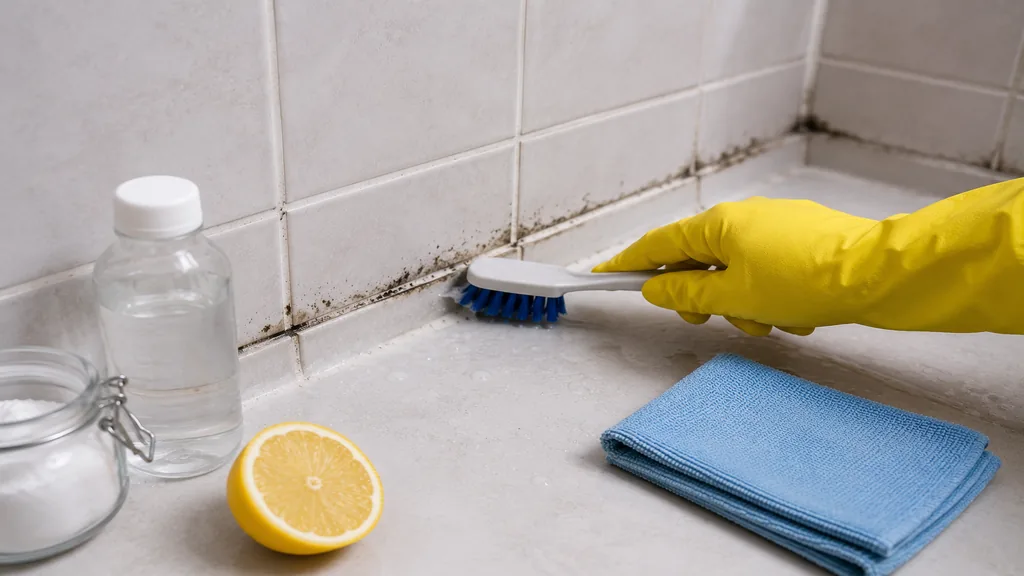 Main gantée nettoyant des joints de salle de bain noircis avec une brosse et des produits naturels sur du carrelage.