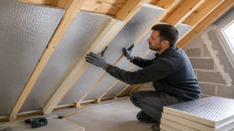 Artisan posant un panneau isolant sous une toiture en rénovation pour améliorer l’isolation thermique des combles.