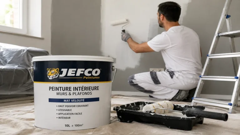 Peintre appliquant une peinture intérieure sur un mur avec un pot de peinture Jefco et des outils de chantier dans une pièce lumineuse