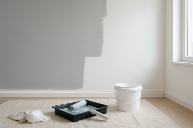 Peinture Theodore : ce qu’il faut savoir pour choisir le bon produit 1 Mur intérieur en cours de peinture avec rouleau et bac à peinture pour illustrer la peinture Theodore