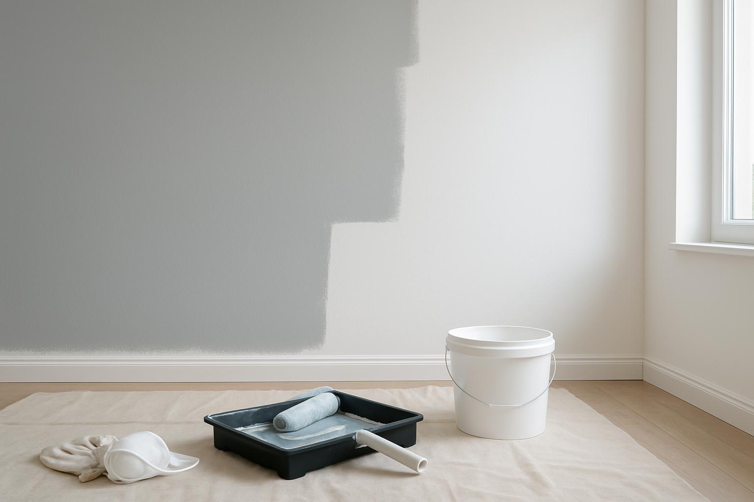 Peinture Theodore : ce qu’il faut savoir pour choisir le bon produit 1 Mur intérieur en cours de peinture avec rouleau et bac à peinture pour illustrer la peinture Theodore