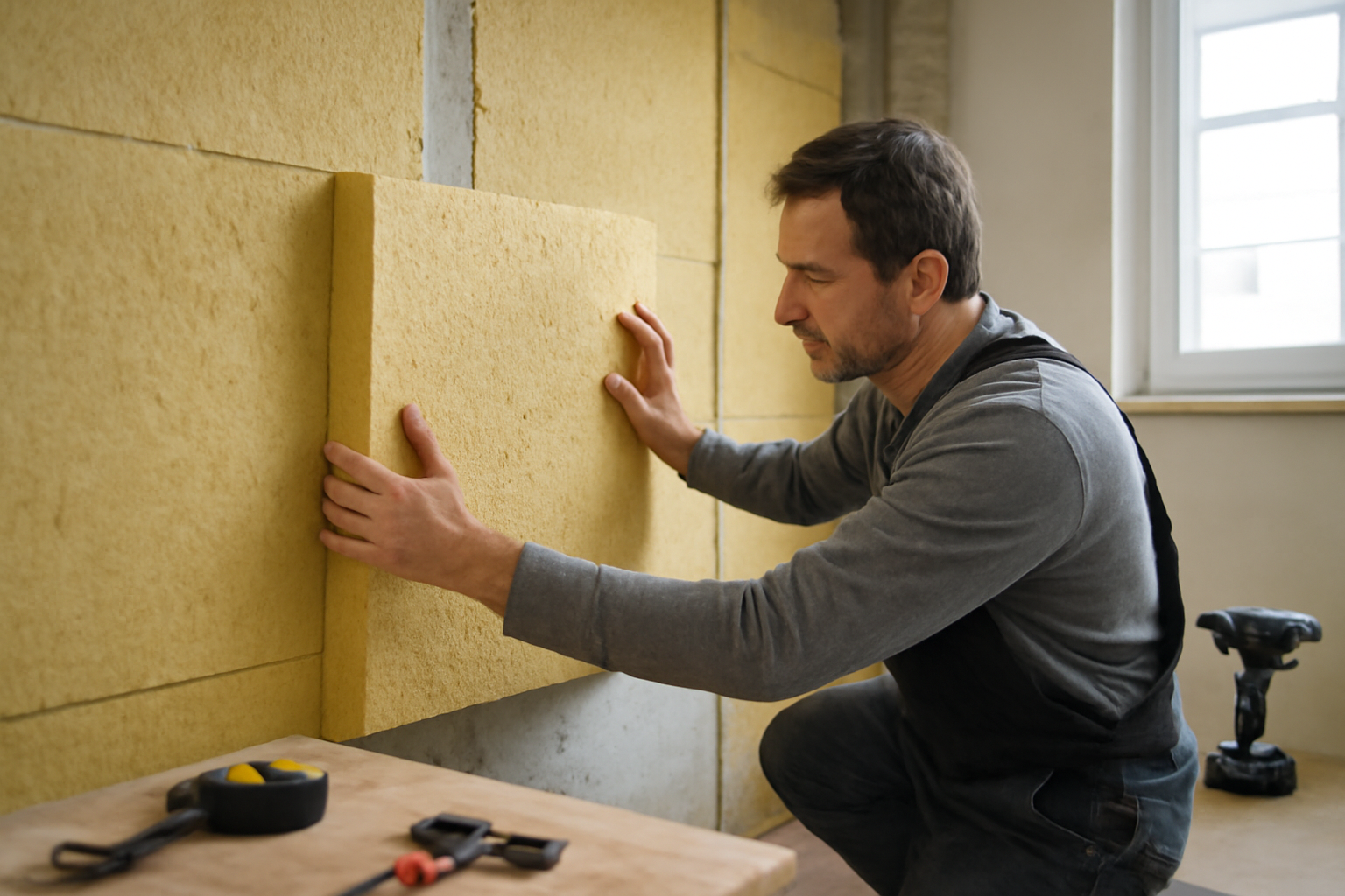 Pose d’une plaque d’isolation thermique sur un mur intérieur lors de travaux de rénovation