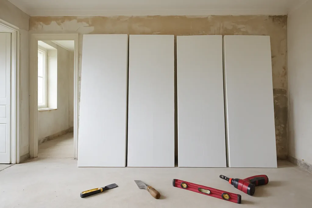 Panneaux de polystyrène pour isolation dans un chantier de rénovation de maison