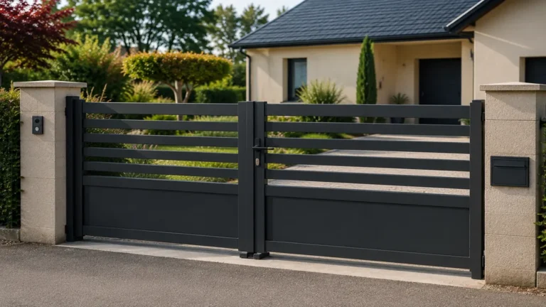 Portail neuf moderne en aluminium devant une maison avec allée et jardin soigné.