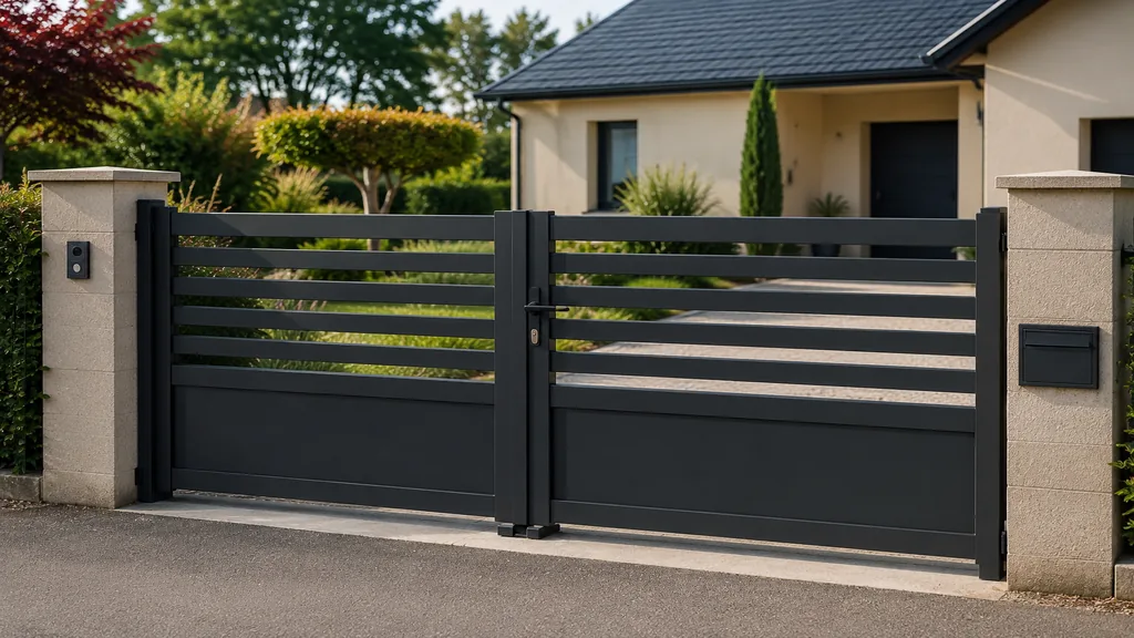 Portail neuf moderne en aluminium devant une maison avec allée et jardin soigné.
