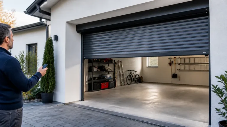 Porte de garage à enroulement motorisée partiellement ouverte devant une maison moderne avec un propriétaire utilisant une télécommande.