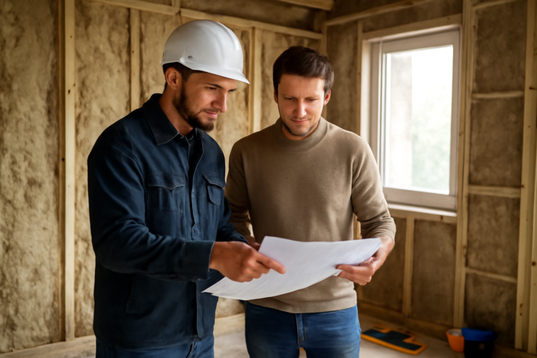 Artisan et propriétaire discutant d’un projet de rénovation thermique dans une maison en travaux