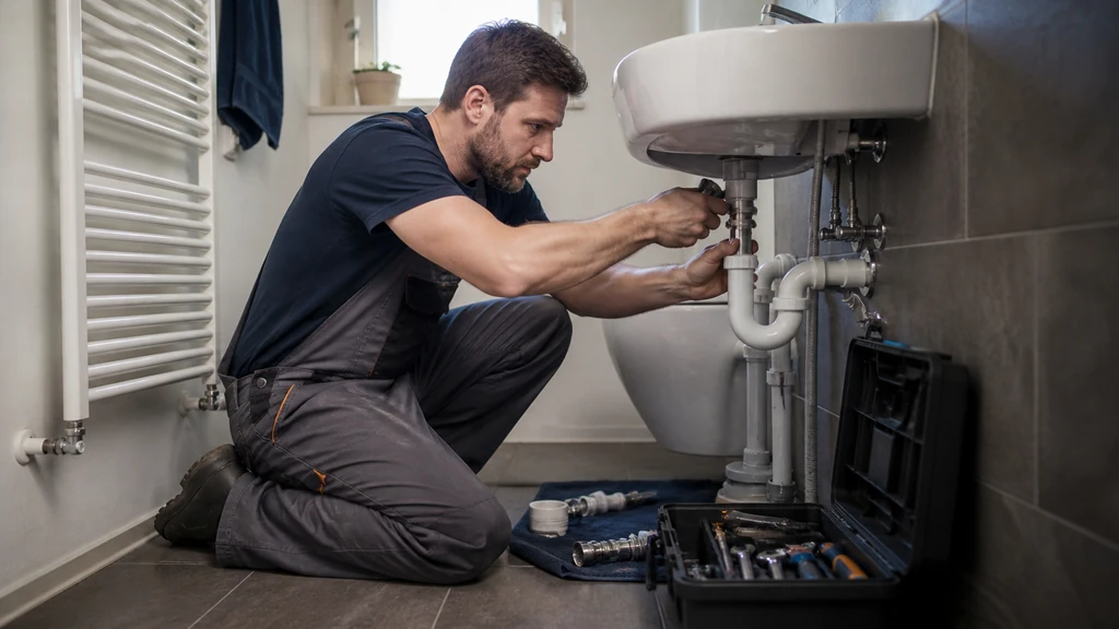 Plombier professionnel réparant une installation sanitaire sous un lavabo dans une salle de bain.