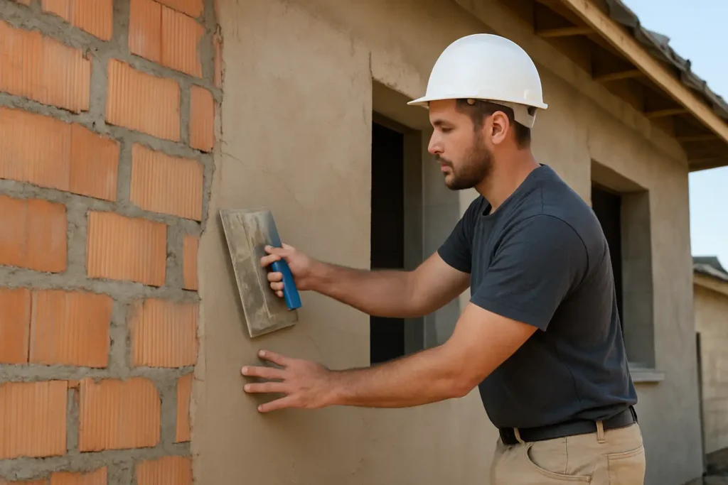 Application d’un enduit monocouche sur la façade d’une maison