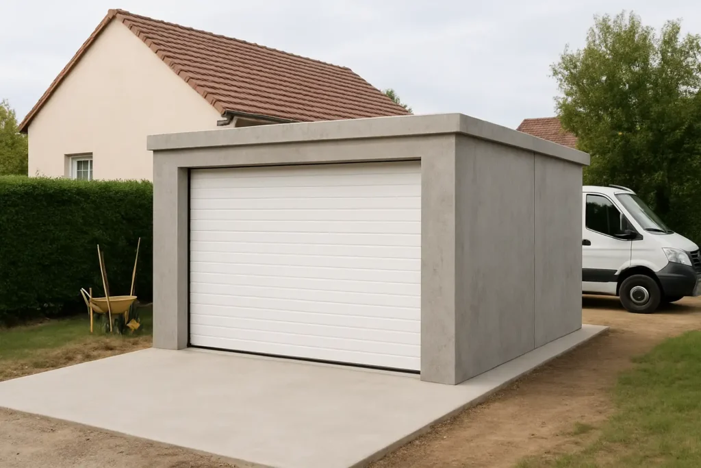 Garage préfabriqué en béton avec porte sectionnelle devant une maison individuelle