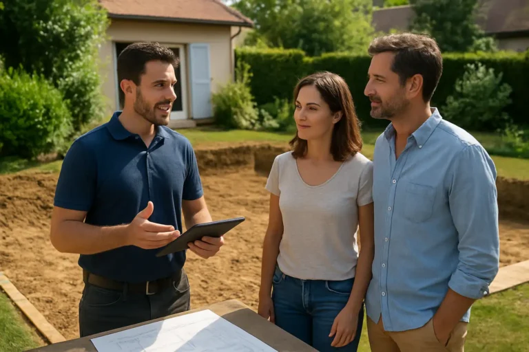 Concessionnaire piscine et clients échangeant sur un projet de piscine sur mesure dans un jardin