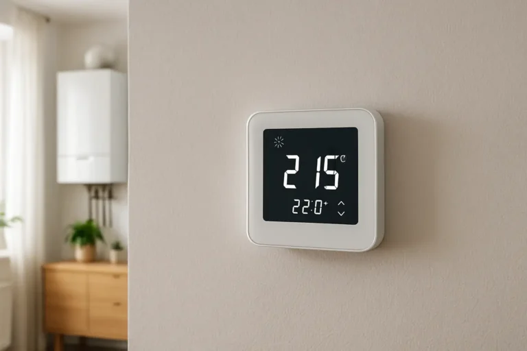 Thermostat mural moderne installé dans un intérieur près d'une chaudière murale à gaz