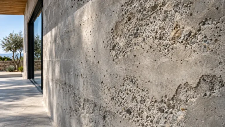 Mur architectural présentant une texture minérale de béton érodé