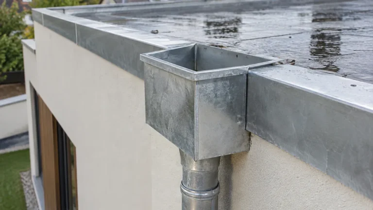 Boîte à eau pour toit plat : rôle, dimensionnement et pose 1 Boîte à eau métallique reliée à la naissance d’un toit plat et à une descente
