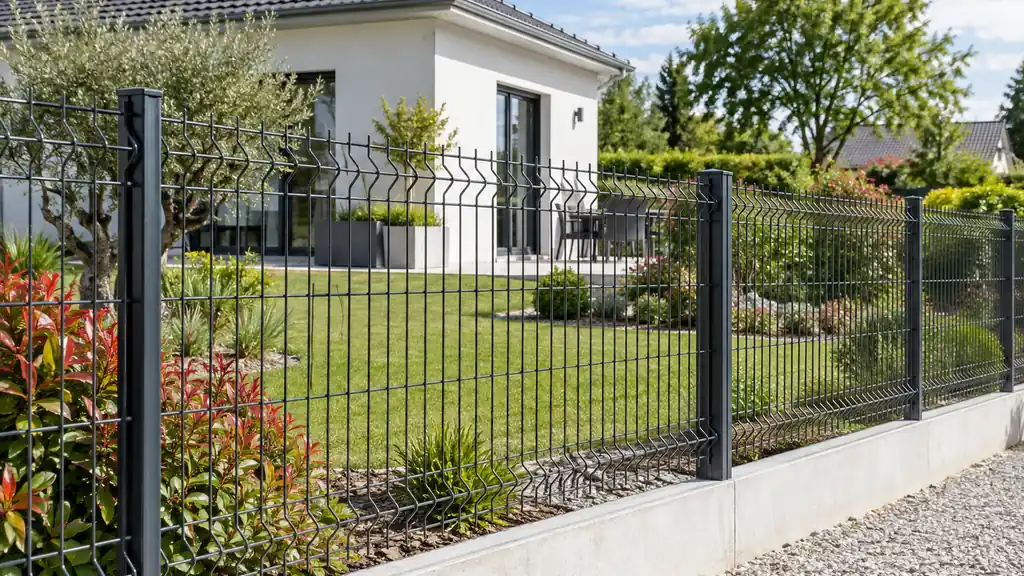 Clôture rigide en panneaux 3D installée autour d’un jardin