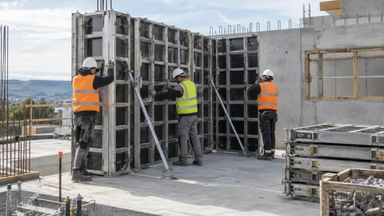 Coffrage manuportable : usages, composants et mise en œuvre 1 Équipe assemblant des panneaux de coffrage manuportable sur un chantier