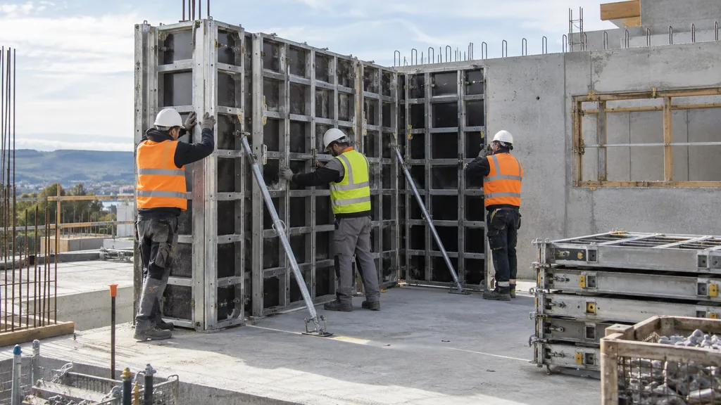 Équipe assemblant des panneaux de coffrage manuportable sur un chantier