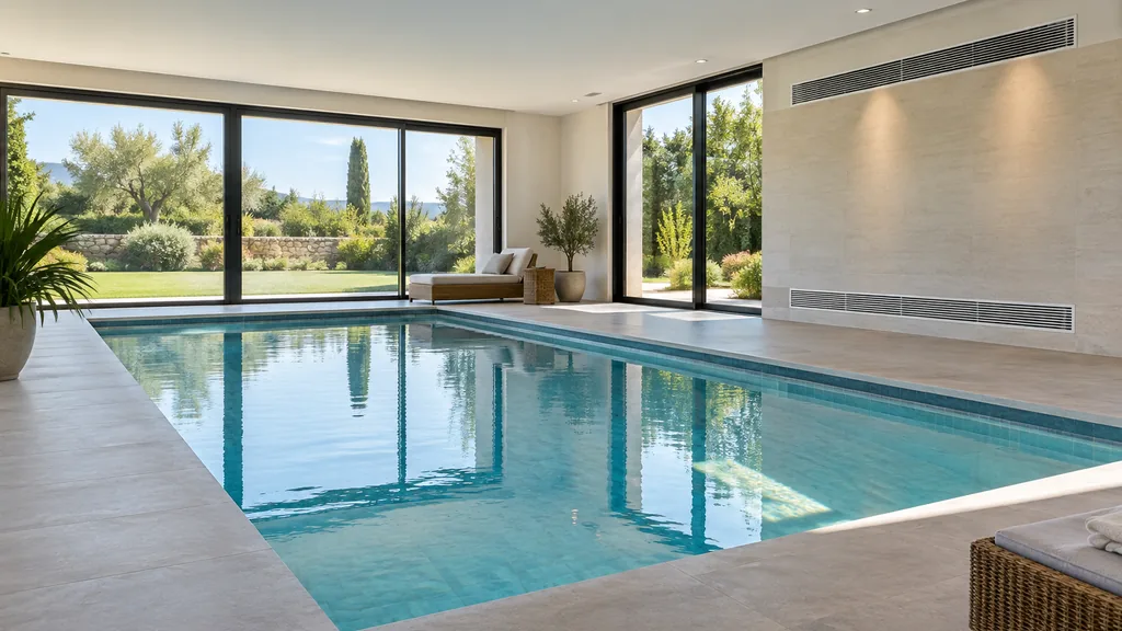 Piscine intérieure équipée de grilles discrètes de déshumidification