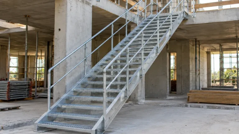 Escalier de chantier : choisir un accès provisoire sûr 1 Escalier temporaire métallique sécurisé par des garde-corps sur un chantier