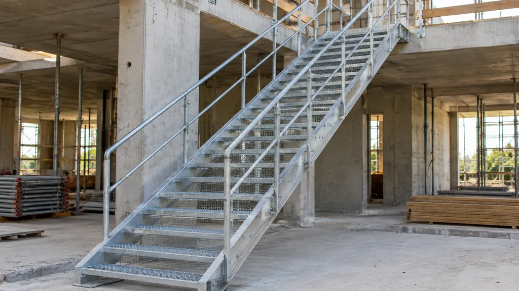 Escalier temporaire métallique sécurisé par des garde-corps sur un chantier