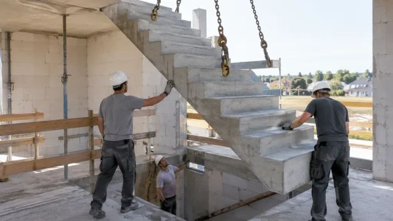 Escalier préfabriqué en béton levé et positionné dans un bâtiment