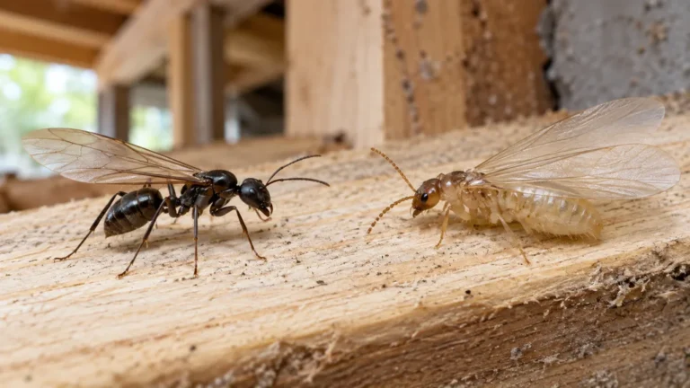 Fourmi ailée et termite ailé observés sur une pièce de bois